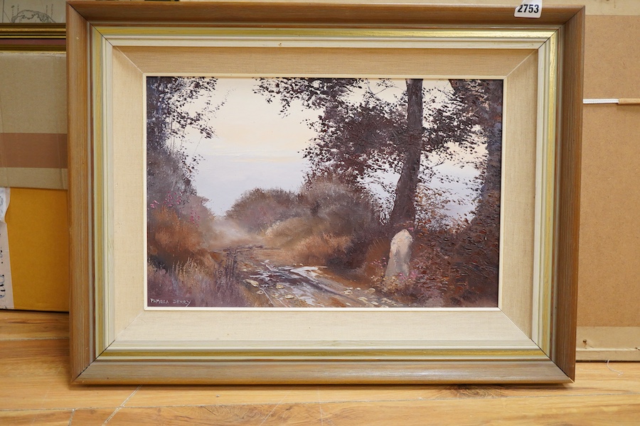 Pamela Day, 'Within the daylight left', signed, Chichester House Gallery label verso, impasto oil on board, 29 x 44cm